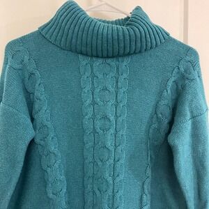 Vintage LL Bean Teal Turtleneck Sweater Fisherman Cableknit Fall